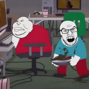 feraljak, 2soyjaks, animated, bald, black eyes, chair, closed mouth, computer, drawn background, fat