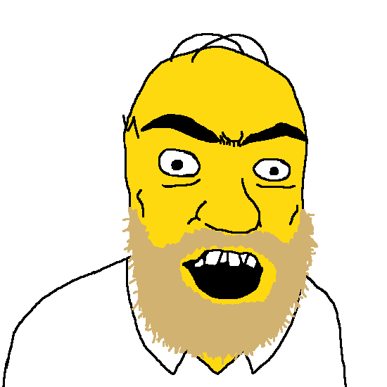 homer simpson, feraljak, tetojak, 1soyjak, almost bald, angry, balding, beard, black eyes, brown hair