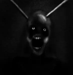 a24 slowburn soyjak, 1soyjak, antenna, antennae, black and white, black background, black eyes, bloodshot eyes, dark, drawing
