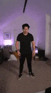 markiplier soyjak, irl soyjaks, 1soyjak, beard, black eyes, black hair, black pants, black shirt, buff, closed mouth