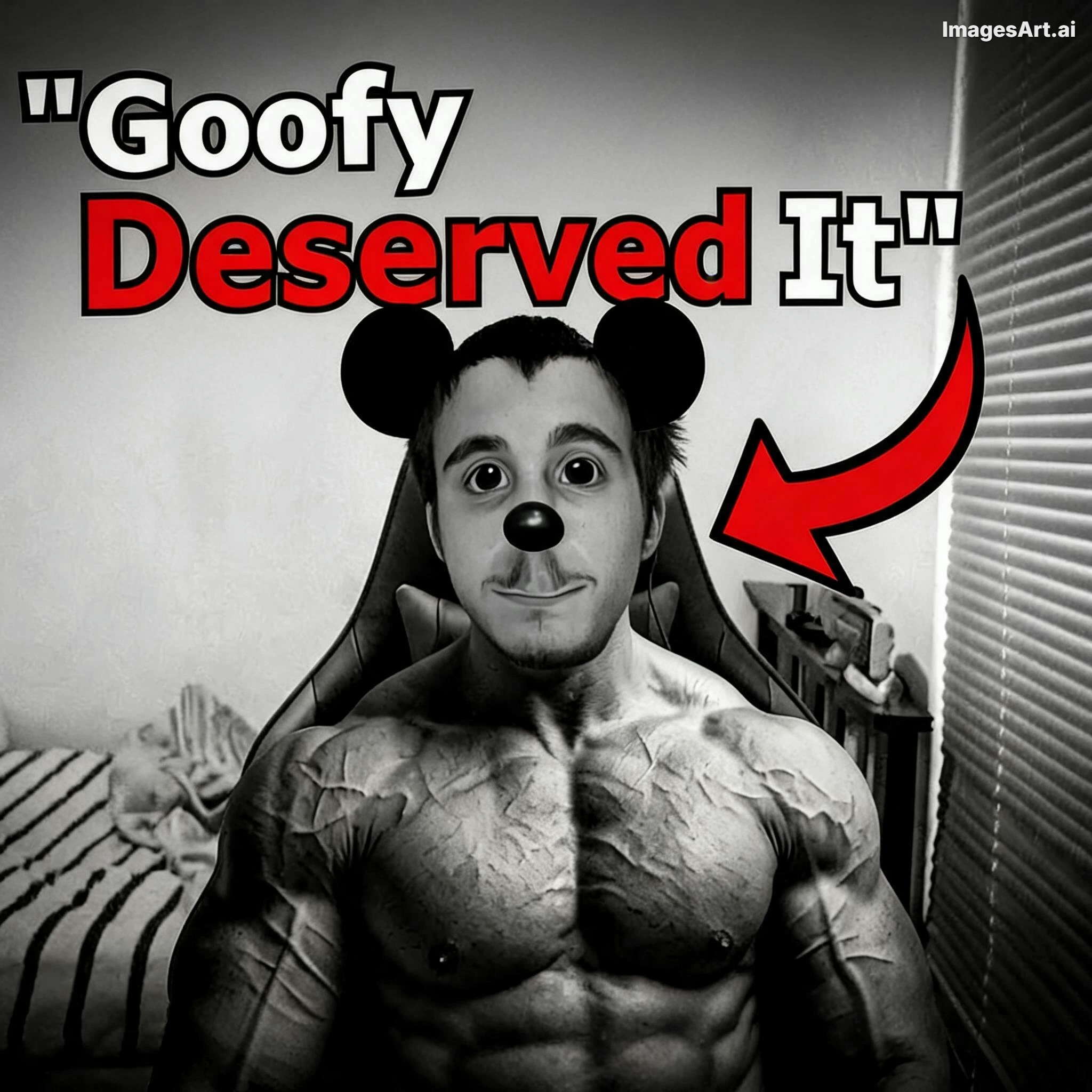 gigachad, mickey mouse, commiejak, mickey, deserved it, 1soyjak, animal, animal ears, arrow, bed