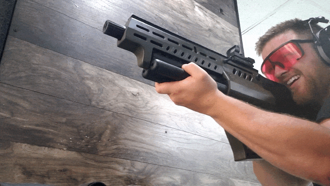 sproke boomer, 1nas, aiming, beard, brown hair, glasses, gun, hair, holding gun, holding object