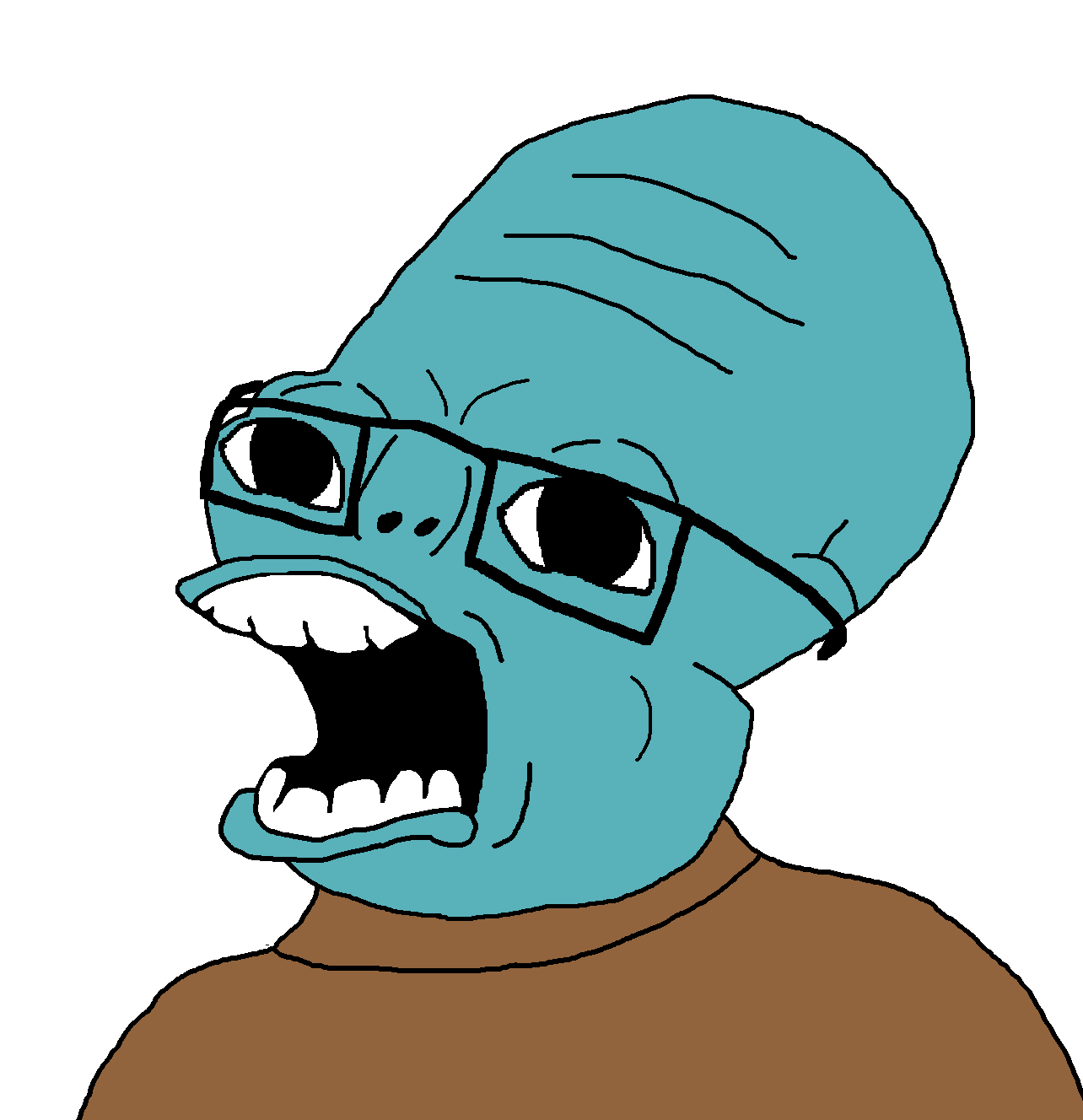 admiral ackbar, squidward tentacles, admiral -ackbar, admiral, big head, black eyes, blue skin, brown shirt, facial mark, forehead lines