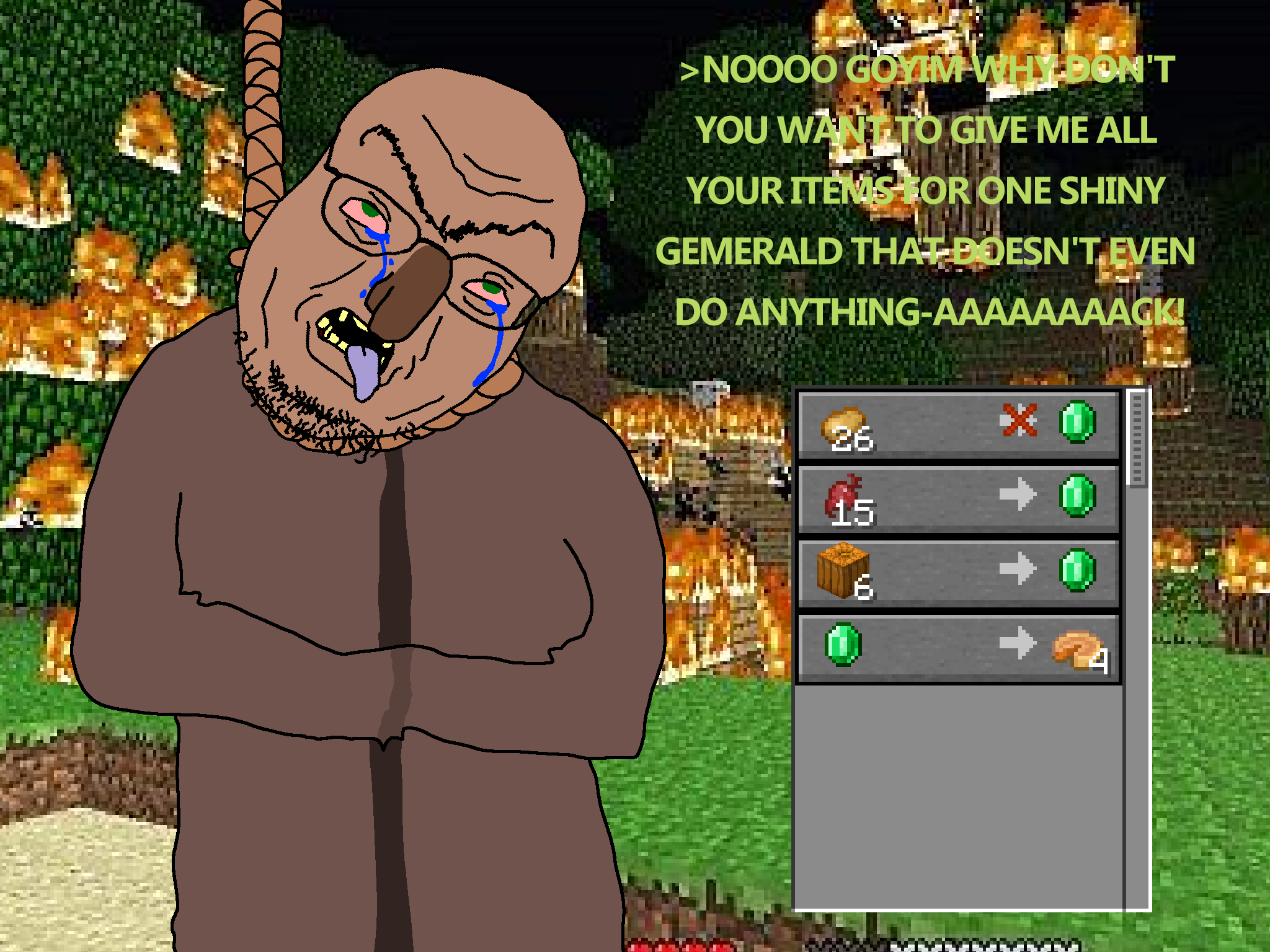 villager (minecraft), calvin, 1soyjak, ack, almost full body, angry, bald, bloodshot eyes, blue tongue, brown skin