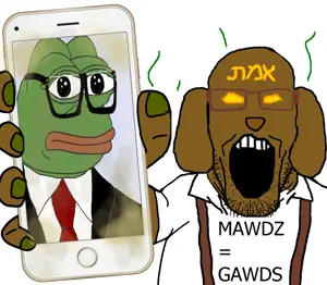 golem, jager, pepe, markiplier soyjak, showing phone, 1soyjak, bald, black eyes, brown skin, chubby