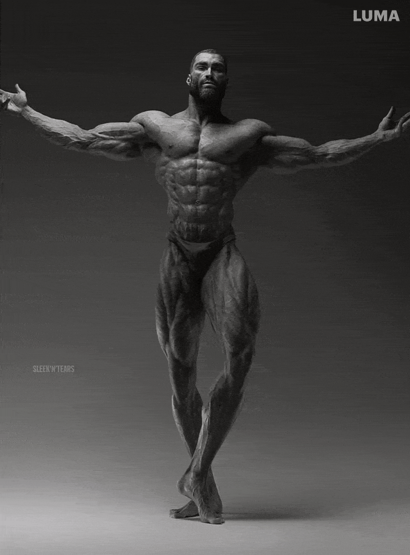 gigachad, 1nas, beard, black hair, buff, closed mouth, dance, front view, full body, gray background