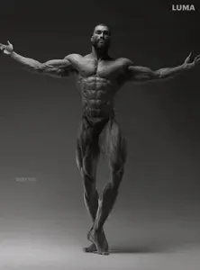 gigachad, 1nas, beard, black hair, buff, closed mouth, dance, front view, full body, gray background