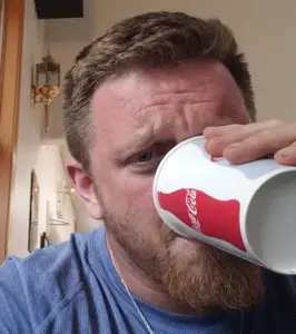 sproke boomer, 1nas, beard, bottom view, brown hair, can, cup, drink, drinking, hair