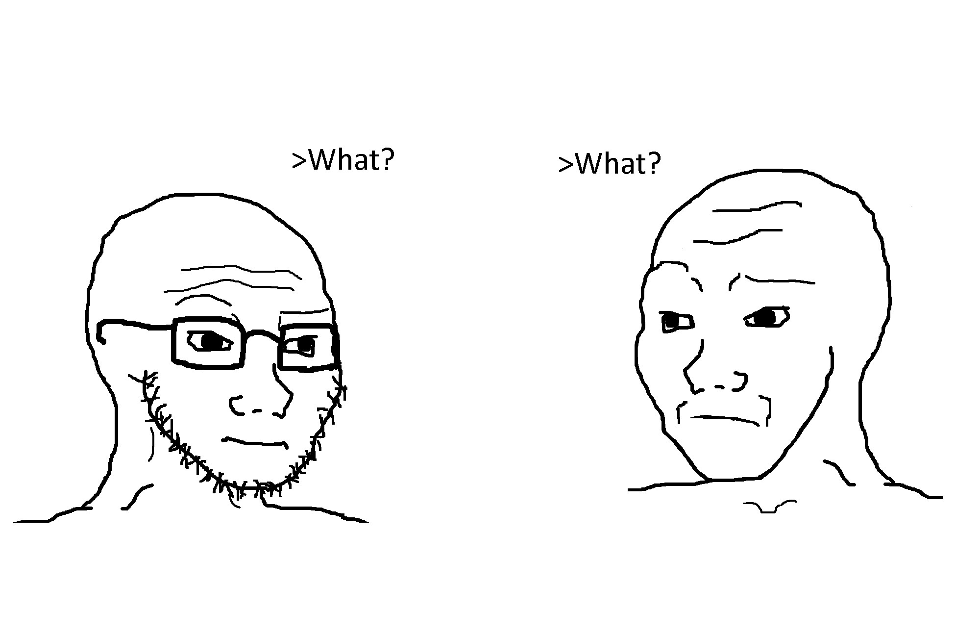 wojak, soyak, 2soyjaks, bald, closed mouth, confused, glasses, looking to the left, looking to the right, no beard