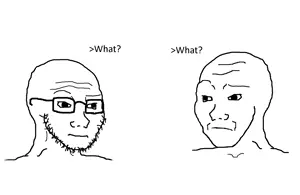 wojak, soyak, 2soyjaks, bald, closed mouth, confused, glasses, looking to the left, looking to the right, no beard