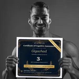 gigachad, 3 iq, black eyes, black hair, buff, english text, front view, gray background, gray skin, grayscale