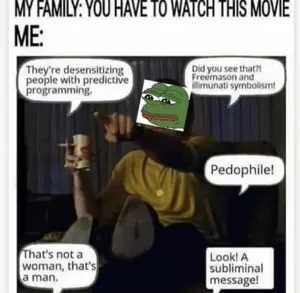 pepe, bald, black eyes, closed mouth, conspiracy theory, english text, frowning, green skin, half closed eyes, holding cup