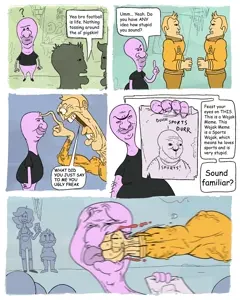 chippledipple, wojak, 2020, anti soyjak, anti wojak, big lips, black eyes, black shirt, blood, brainlet