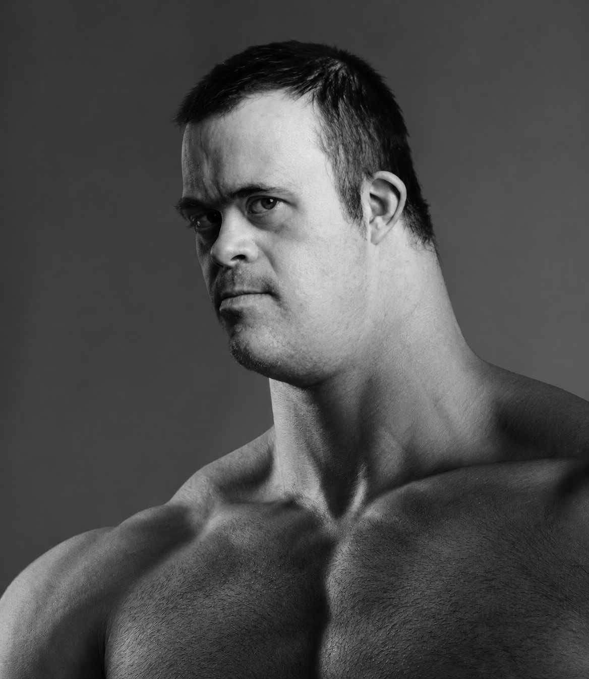 gigachad, autism, autistic, black hair, buff, closed mouth, downs syndrome, gray background, gray skin, hair