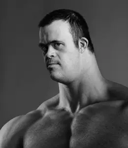 gigachad, autism, autistic, black hair, buff, closed mouth, downs syndrome, gray background, gray skin, hair