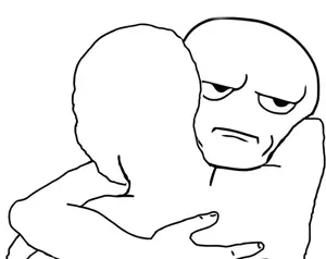 wojak, are you fucking kidding me, black eyes, closed mouth, half body, hug, hugging person, mad, no beard, no glasses