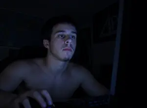 adams apple, arm, arms, autistic, black eyes, black hair, chest, closed mouth, communiaryan, computer