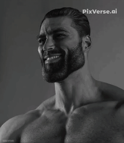 gigachad, beard, black eyes, black hair, buff, closed mouth, gray background, gray skin, hair, looking to the right