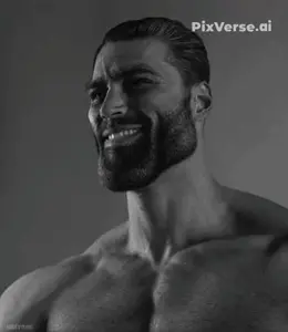 gigachad, beard, black eyes, black hair, buff, closed mouth, gray background, gray skin, hair, looking to the right