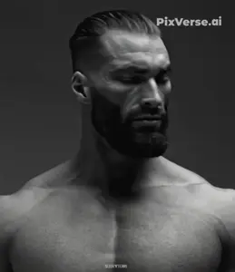 gigachad, ai audio, beard, black eyes, black hair, buff, burp, burping, gray background, gray skin
