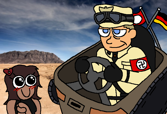 pineapple punch, ernst vogel, black eyes, blonde hair, blue eyes, blush, brown hair, brown skin, closed mouth, desert