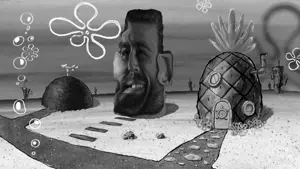 gigachad, squidward's house, 1nas, black hair, bubble, bubbles, building, cartoon, distorted, drawn background