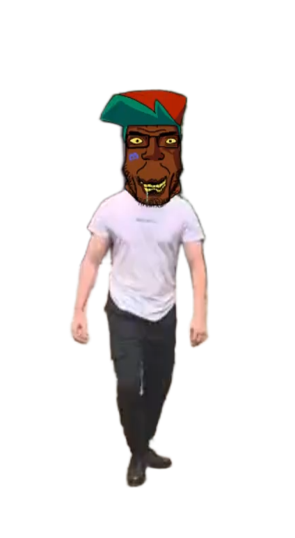 esl fnf pedo, chudjak, markiplier soyjak, chudplier, black eyes, half open mouth, shitskin, teeth, transparent, white shirt