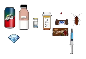 soy products, animal, bottle, bug, can, cockroach, drink, estradiol, food, gem