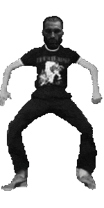 gigachad, 1nas, beard, black hair, closed mouth, clothed, clothes, dance, front view, full body