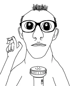unknown, oh my god she is so attractive, animated, arm, balding, closed mouth, ear, flashlight, glasses, hair