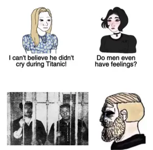 doomer girl wojak, tradwife wojak, wojak, yes chad, beard, blonde hair, crying, falange de las jons, falangism, hair