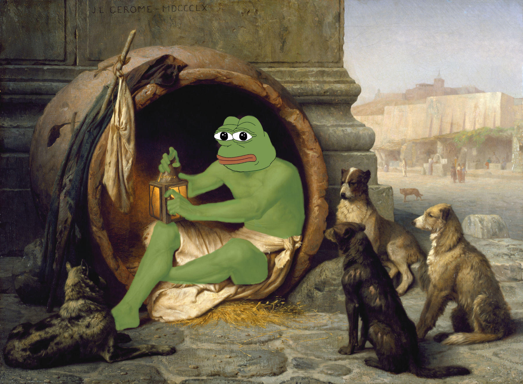 pepe, 1nas, amphibian, ancient greece, animal, bald, black eyes, building, classical art parody, closed mouth