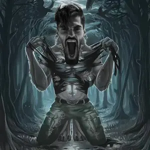 gigachad, gigayell, angry, animal, beard, black eyes, black hair, buff, clothes, drawn background