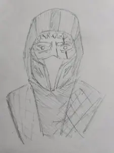 smoke (mortal kombat), black eyes, face mask, front view, hair, looking at you, mask, mouth covered, neutral, ninja
