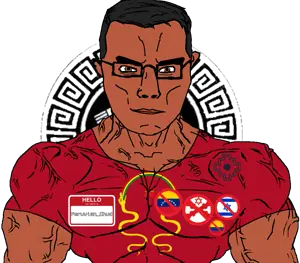 chudjak, chudjak front, muscular chud, 1soyjak, black hair, brown eyes, closed mouth, front view, glasses, hair