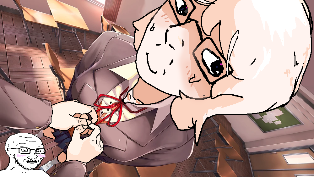 coleson, sayori, soyak, female soyak, soyak (concerned), femjak, 2soyjaks, almost full body, bald, black eyes