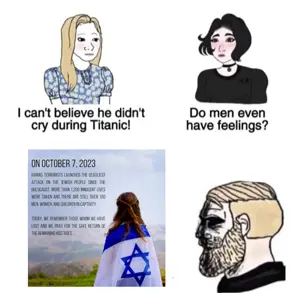 wojak, yes chad, 2023, beard, blonde hair, chad, crying, hair, israel, jews