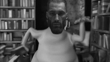 gigachad, back view, beard, black hair, books, closed mouth, dance, fat, front view, globglogabgalab