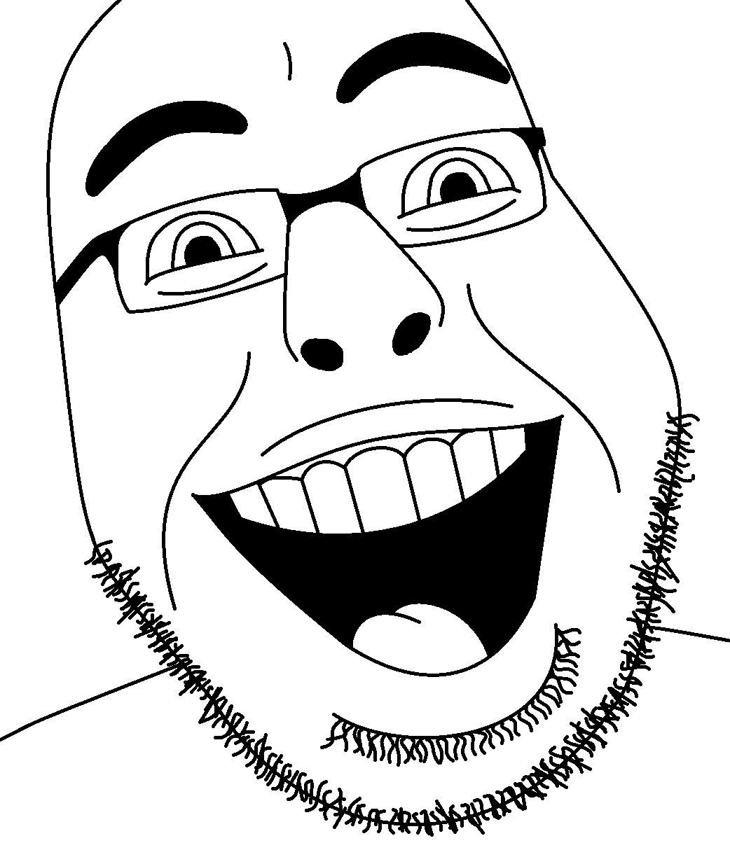 cobson, giggleson, 1soyjak, bald, bushy eyebrows, eyebrows, front view, glasses, grin, looking at you