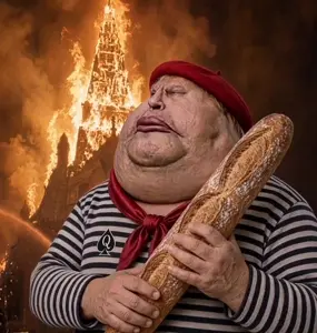 meximutt, ai latinx, baguette, beret, burning, fat, fire, france, french, morbidly obese