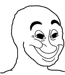 wojak, bald, big smile, black eyes, cheeky smile, closed mouth, no beard, no glasses, open eyes, portrait