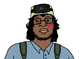 skajyosjak, 1soyjak, black eyes, black hair, blue shirt, brown skin, closed eyes, clothes, curly hair, front view