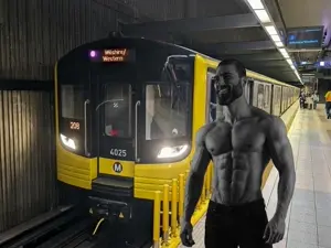 crrc hr4000, gigachad, 1nas, almost full body, beard, black eyes, black hair, buff, cleavage, ear