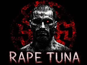 gigachad, gigarapist, black and white, black background, black eyes, black hair, buff, closed mouth, ear, english text