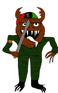 mayonaise, useful soys, bald, brown skin, full body, glasses, holding machete, holding object, hutu, machete