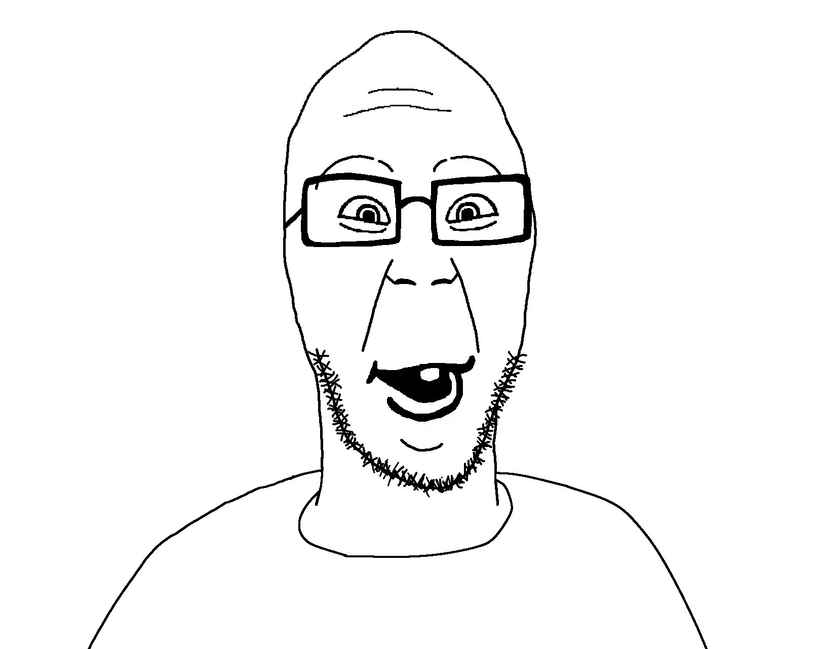 ericjak, vlodson, ericvlod, fusionjaks, 1soyjak, bald, black eyes, front view, glasses, happy