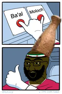 soyak, baal, bald, beard, black eyes, brown skin, buttons, flag, glasses, moloch