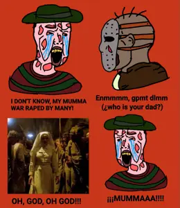 freddy krueger, yes chad, chudjak, chudjak seething, who is your father, black eyes, burned skin, christpilled, clothes, crying