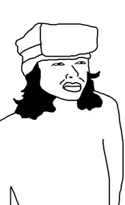 everestjak, black eyes, black hair, chink, closed mouth, clothes, hair, half body, hat, lips
