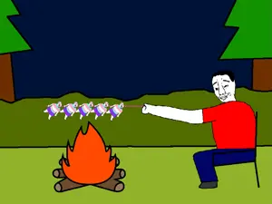 bernd, chudjak, troonjak, black eyes, black hair, bloodshot eyes, braids, campfire, closed mouth, drawn background
